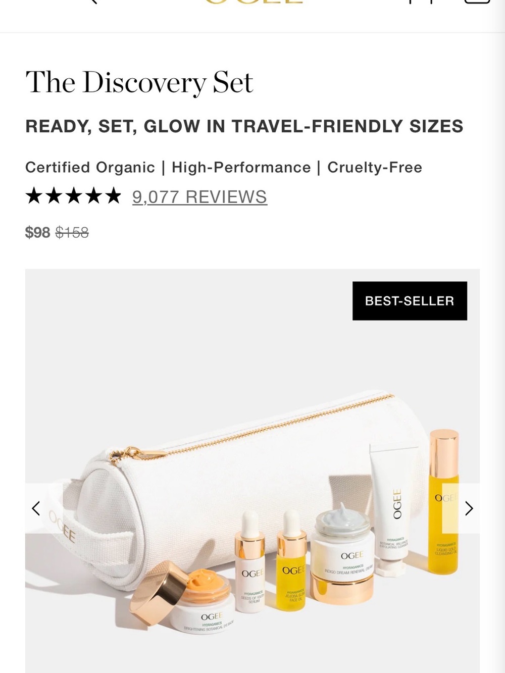 OGEE The Discovery Set – White & Gold Travel Pouch with Skincare